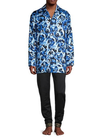 Shop Versace Men's Baroque-print Silk Shirt In Blue Navy