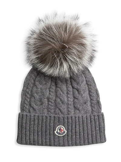 Shop Moncler Fox Fur Wool-cashmere Beanie In Grey
