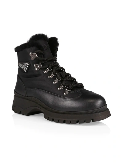 Shop Prada Women's Brixxen 38 Shearling-lined Leather & Nylon Hiking Boots In Nero