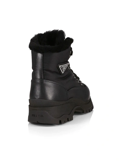 Shop Prada Women's Brixxen 38 Shearling-lined Leather & Nylon Hiking Boots In Nero