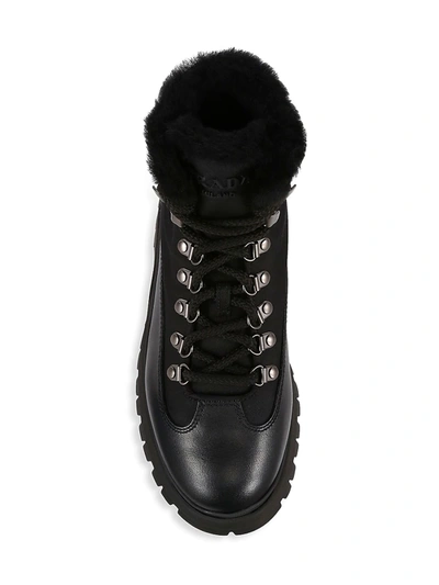 Shop Prada Women's Brixxen 38 Shearling-lined Leather & Nylon Hiking Boots In Nero