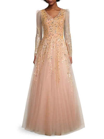 Shop Mac Duggal Women's Beaded Tulle Ballgown In Pink Champagne