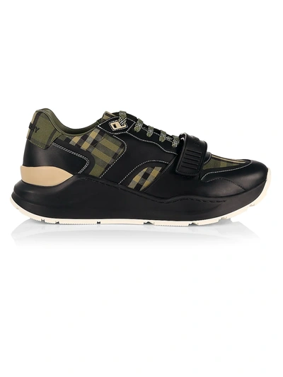 Shop Burberry Men's Ramsey Check Low-top Sneakers In Military Green