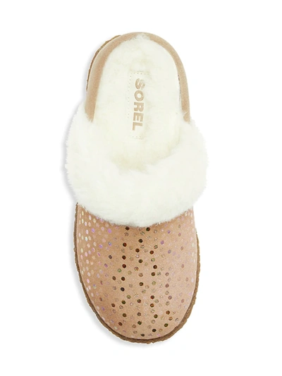 Shop Sorel Little Girl's & Girl's Nakiska Iridescent Polka Dot Suede Slippers In Bright Lavender