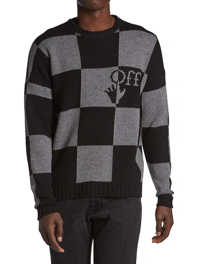 Shop Off-white Check Knit Crewneck Sweater In Black Grey