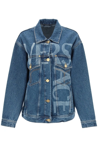 Shop Versace Oversize Denim Jacket In Dark Blue (blue)