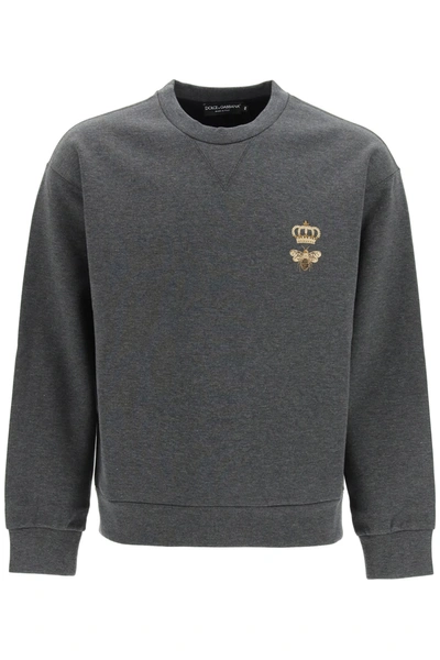 Shop Dolce & Gabbana Crewneck Sweatshirt With Embroidery In Bicolore (non Righe) (grey)