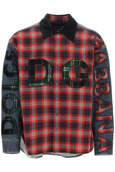 Shop Dolce & Gabbana Oversized Denim And Flannel Shirt With Logo In Blue/red