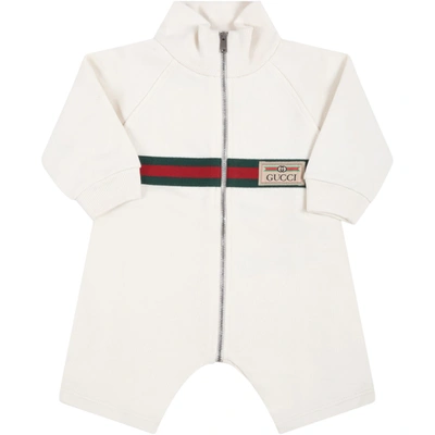 Shop Gucci Ivory Jumpsuit For Baby Kids With Web Details In White