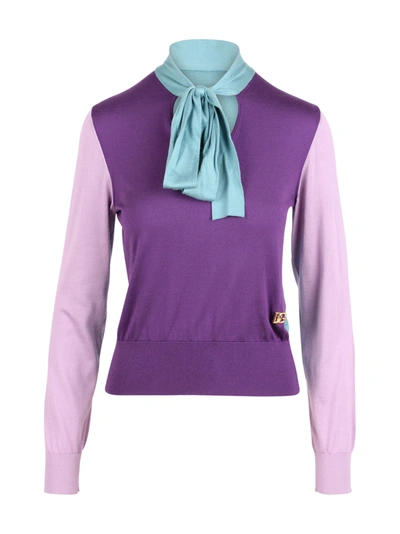 Dolce & Gabbana Long-sleeved Multi-colored Silk Sweater With Pussy-bow And Dg Embellishment In Multicolor