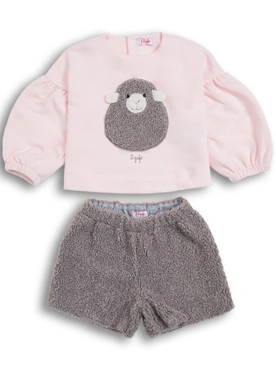Shop Il Gufo Pink And Grey Cotton Coordinated Suit In Multicolor