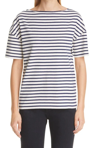 Shop Saint Laurent Mariner Stripe Logo Embroidered Cotton T-shirt In 9390 Naturel/ Marine