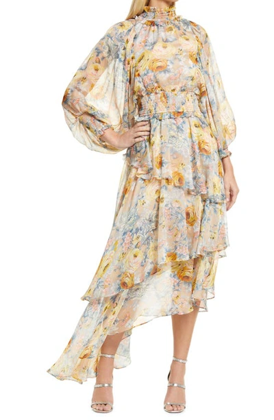 Shop Elliatt Astrid Floral Print Long Sleeve Asymmetric Chiffon Dress In Beige Floral