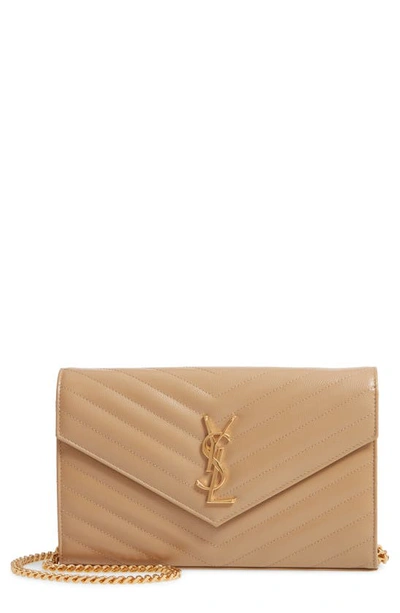 Shop Saint Laurent Large Monogram Quilted Leather Wallet On A Chain In Latte