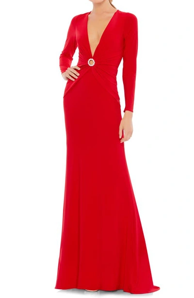 Shop Mac Duggal V-neck Keyhole Long Sleeve Jersey Gown In Red