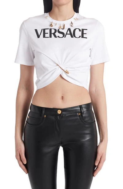 Versace Charm Detail Logo Safety Pin Crop Graphic Tee In White Black |  ModeSens