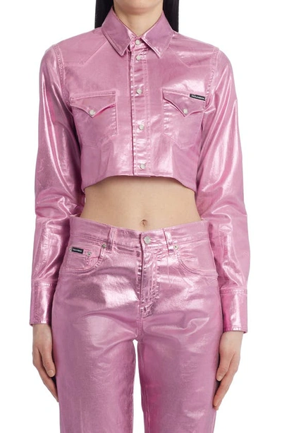 Shop Dolce & Gabbana Laminated Denim Crop Shirt Jacket In Bright Pink