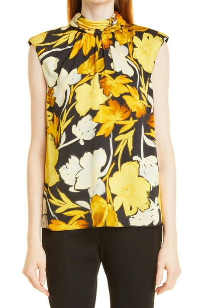 Shop Milly Riley Paper Peony Mock Neck Sleeveless Top In Turmeric Multi
