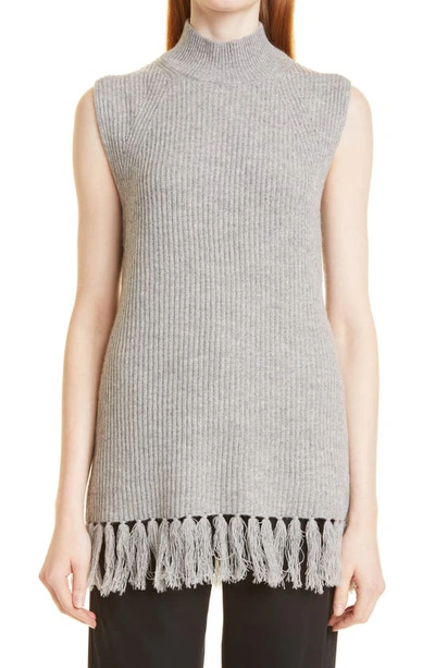 Shop Milly Fringe Mock Neck Wool & Cashmere Sleeveless Sweater In Heather Grey