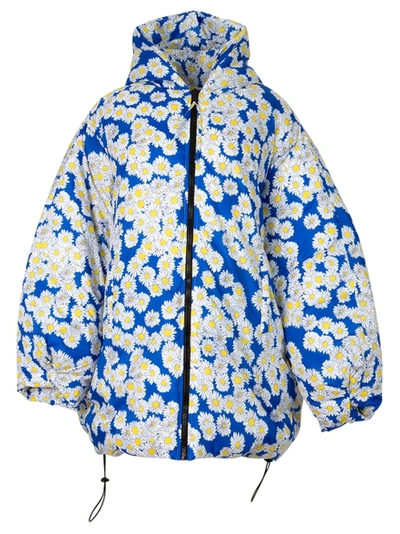 Shop Natasha Zinko Daisy Print Zipped Padded Hooded Jacket Blue