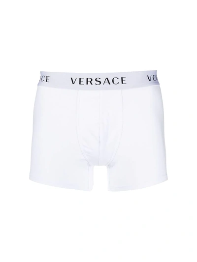 Shop Versace Pack Of Three Logo Waistband Boxer Shorts In White