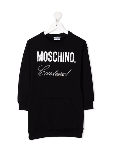 Shop Moschino Embellished Couture Logo Dress In Black