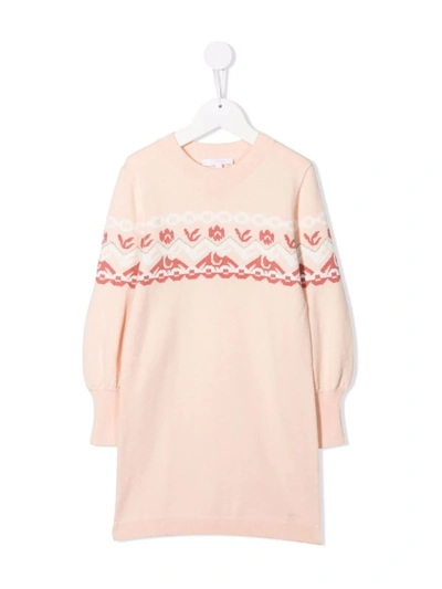 Shop Chloé Intarsia-knit Long-sleeve Dress In Pink