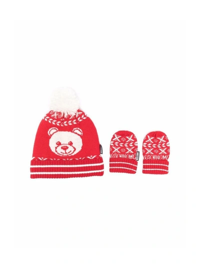 Shop Moschino Knitted Teddy Hat And Glove Set In Red