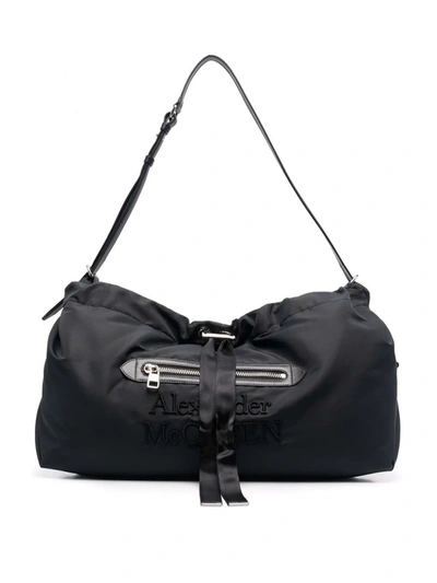 Shop Alexander Mcqueen Embroidered-logo Tote Bag In Black