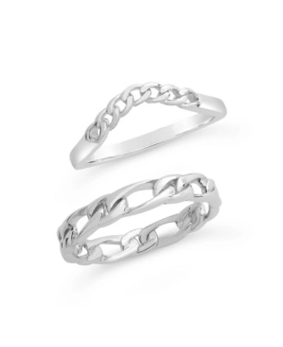 Shop Sterling Forever Women's Figaro And Curb Chain Link Ring Set, Pack Of 2 In Silver-tone