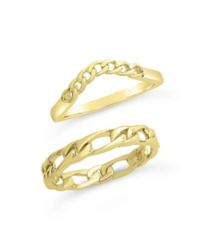 Shop Sterling Forever Women's Figaro And Curb Chain Link Ring Set, Pack Of 2 In 14k Gold Plated