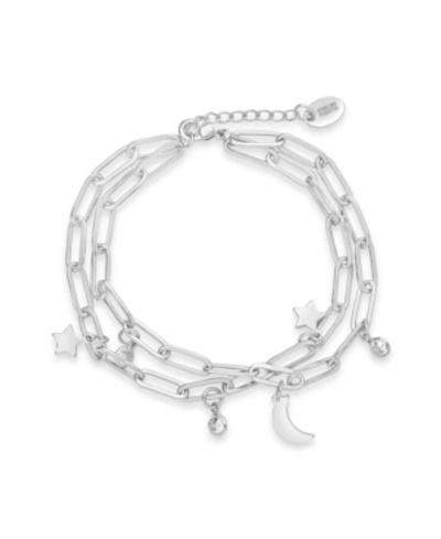 Shop Sterling Forever Women's Cubic Zirconia Moon And Star Double Chain Bracelet In Silver-tone