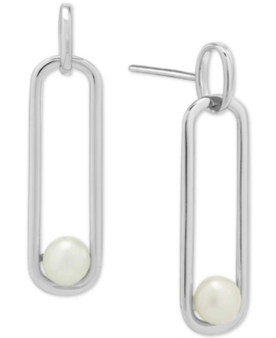 Shop Macy's Cultured Freshwater Button Pearl (5mm) Paperclip Drop Earrings In Sterling Silver Or 14k Yellow Gold