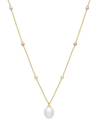Shop Macy's Cultured Freshwater Pearl (9 X 11mm) Sliding Beaded Necklace In Sterling Silver, 18k Gold-plate, & 1 In White