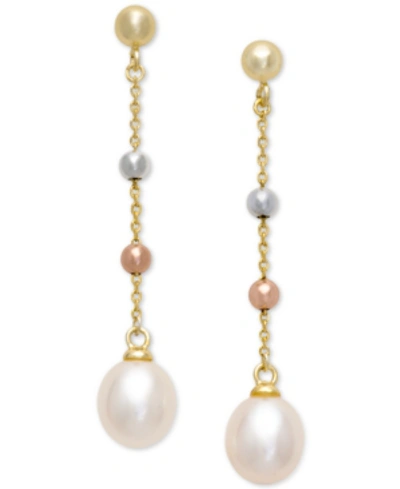 Shop Macy's Cultured Freshwater Pearl (7x9mm) And Sliding Beaded Chain Drop Earrings In Sterling Silver, 18k Gol In White