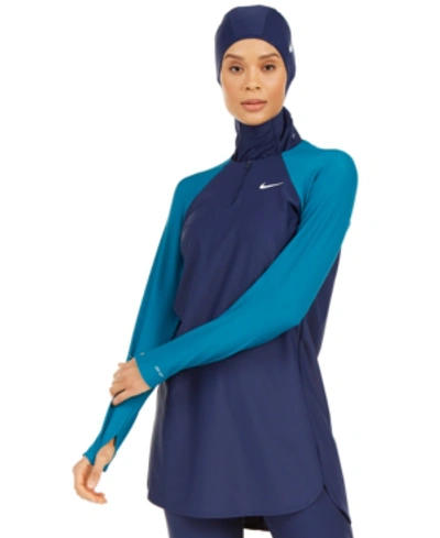 Shop Nike Colorblocked Long-sleeve Swim Tunic In Midnight Navy