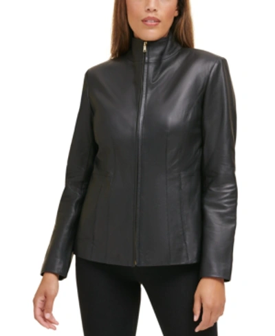 Shop Cole Haan Women's Wing Collar Leather Coat In Black