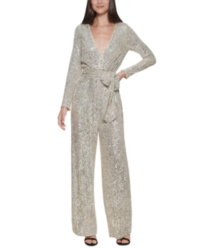 Shop Eliza J Sequin Wrap Front Long Sleeve Jumpsuit In Silver
