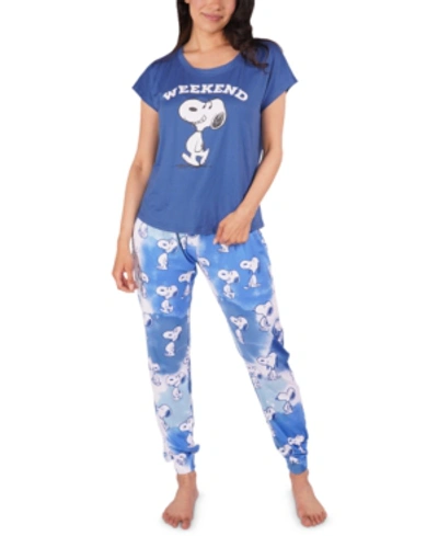 Shop Munki Munki Snoopy Tee Shirt And Tie-dye Jogger Pajama Lounge Set In Blue