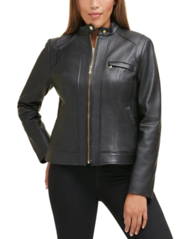 Shop Cole Haan Stand-collar Leather Moto Coat In Black