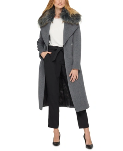 Shop Karl Lagerfeld Women's Faux Fur Collar Belted Wrap Coat In Charcoal