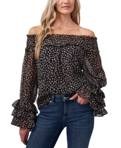 Shop Cece Off-the-shoulder Leopard Print Blouse In Rich Black