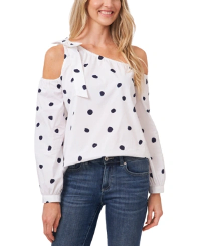 Shop Cece Polka Dot Asymmetric Cold-shoulder Top In Soft Ecru