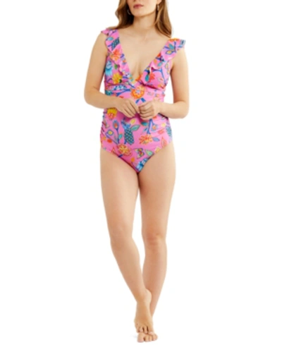 Shop A Pea In The Pod Ruffled One-piece Maternity Swimsuit In Pink Floral