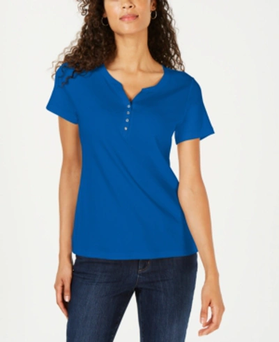 Shop Karen Scott Short Sleeve Henley Top, Created For Macy's In Vibrant Blue