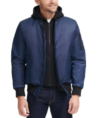 Shop Guess Men's Bomber Jacket With Removable Hooded Inset In Blue