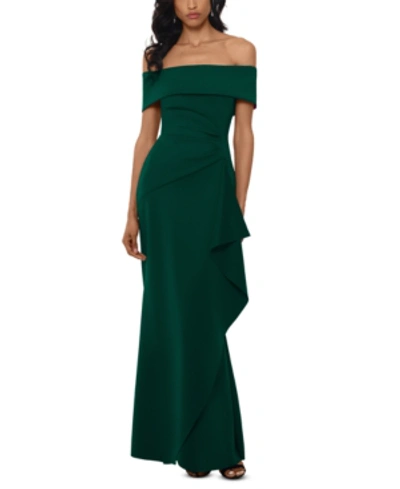 Shop Xscape Petite Off-the-shoulder Ruffled Gown In Hunter Green