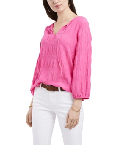 Shop Vince Camuto Petite 3/4-sleeve Smocked Textured Blouse In Bright Hibiacus