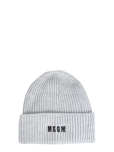 Shop Msgm Logo Embroidered Knitted Beanie In Grey