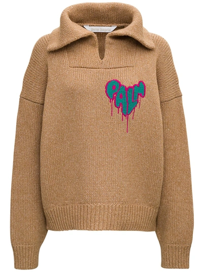 Shop Palm Angels Wool Sweater With Heart Spray Inlay In Brown